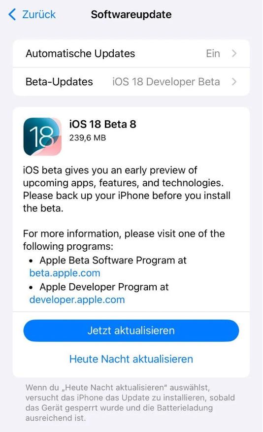 衢江苹果手机维修分享苹果 iOS / iPadOS 18 开发者预览版 Beta 8 发布 